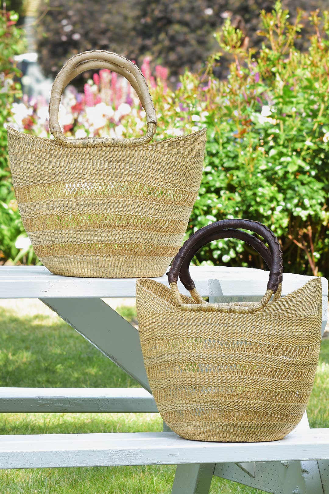 Swahili | AFRICAN MODERN - Ghanaian Lacework Wing Shopper with Brown Leather Handles
