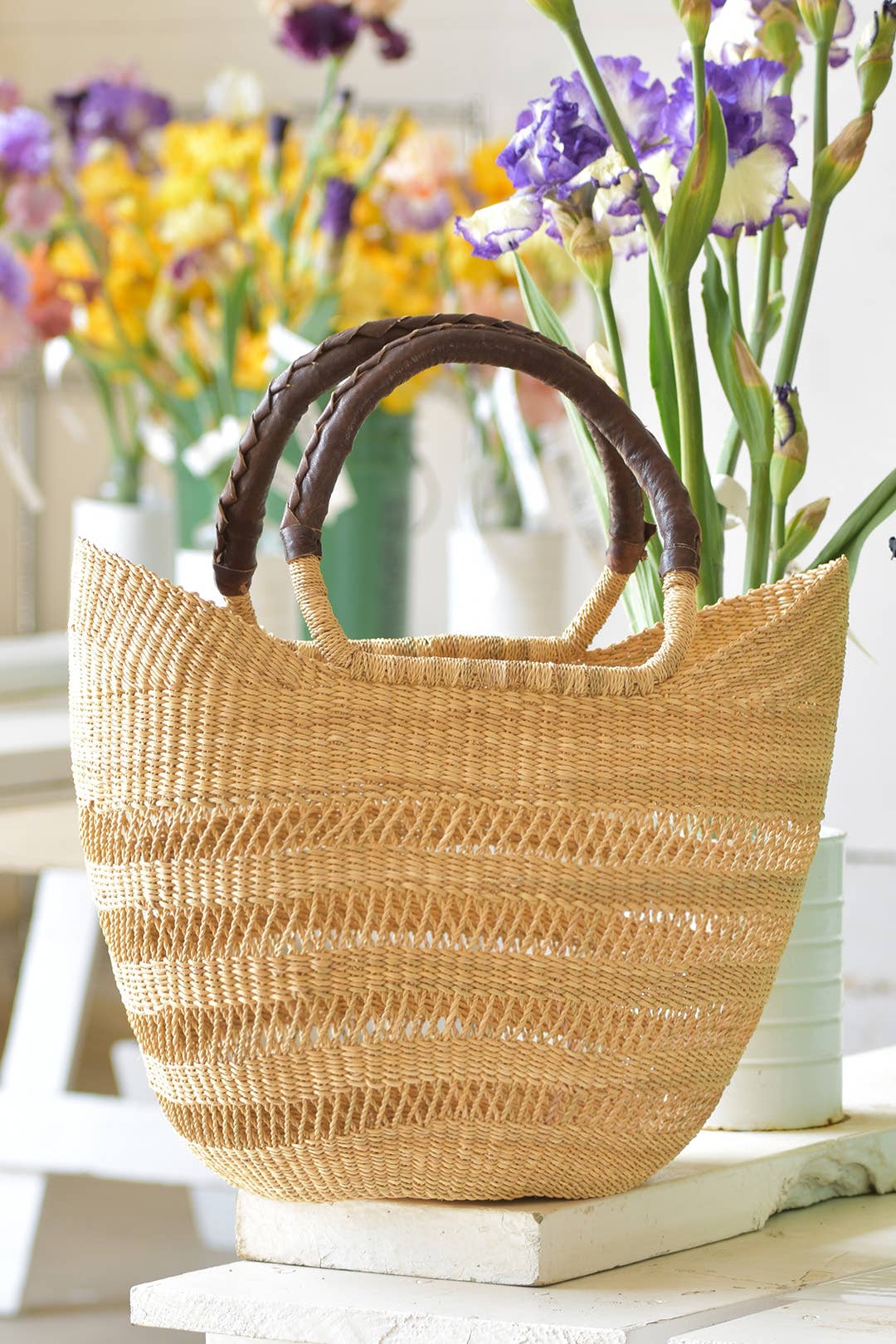 Swahili | AFRICAN MODERN - Ghanaian Lacework Wing Shopper with Brown Leather Handles