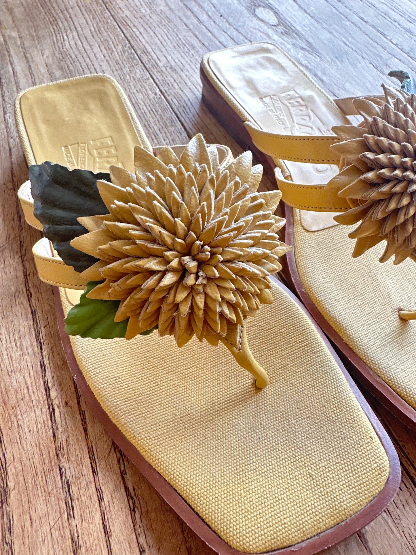 Vintage handmade Italian Ferragamo sunflower sandals