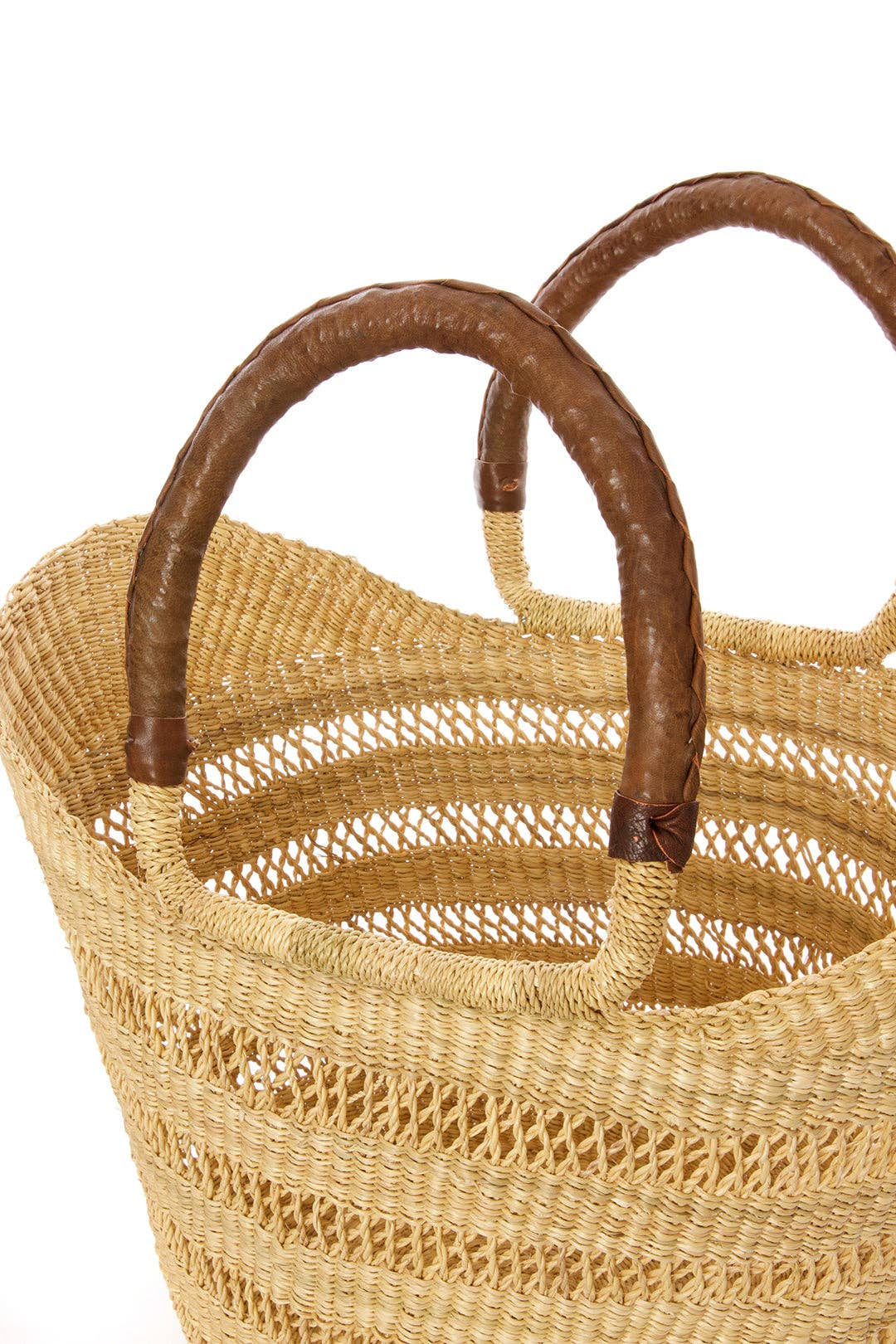 Swahili | AFRICAN MODERN - Ghanaian Lacework Wing Shopper with Brown Leather Handles