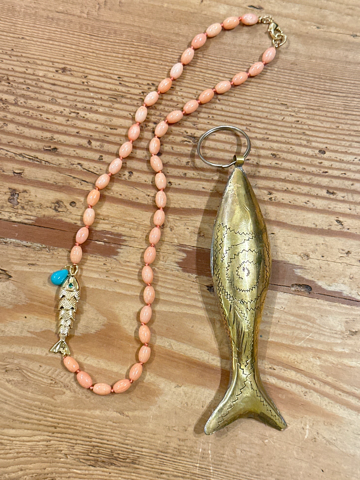 Coral fish necklace + Moroccan Brass fish keychain — for Hillary