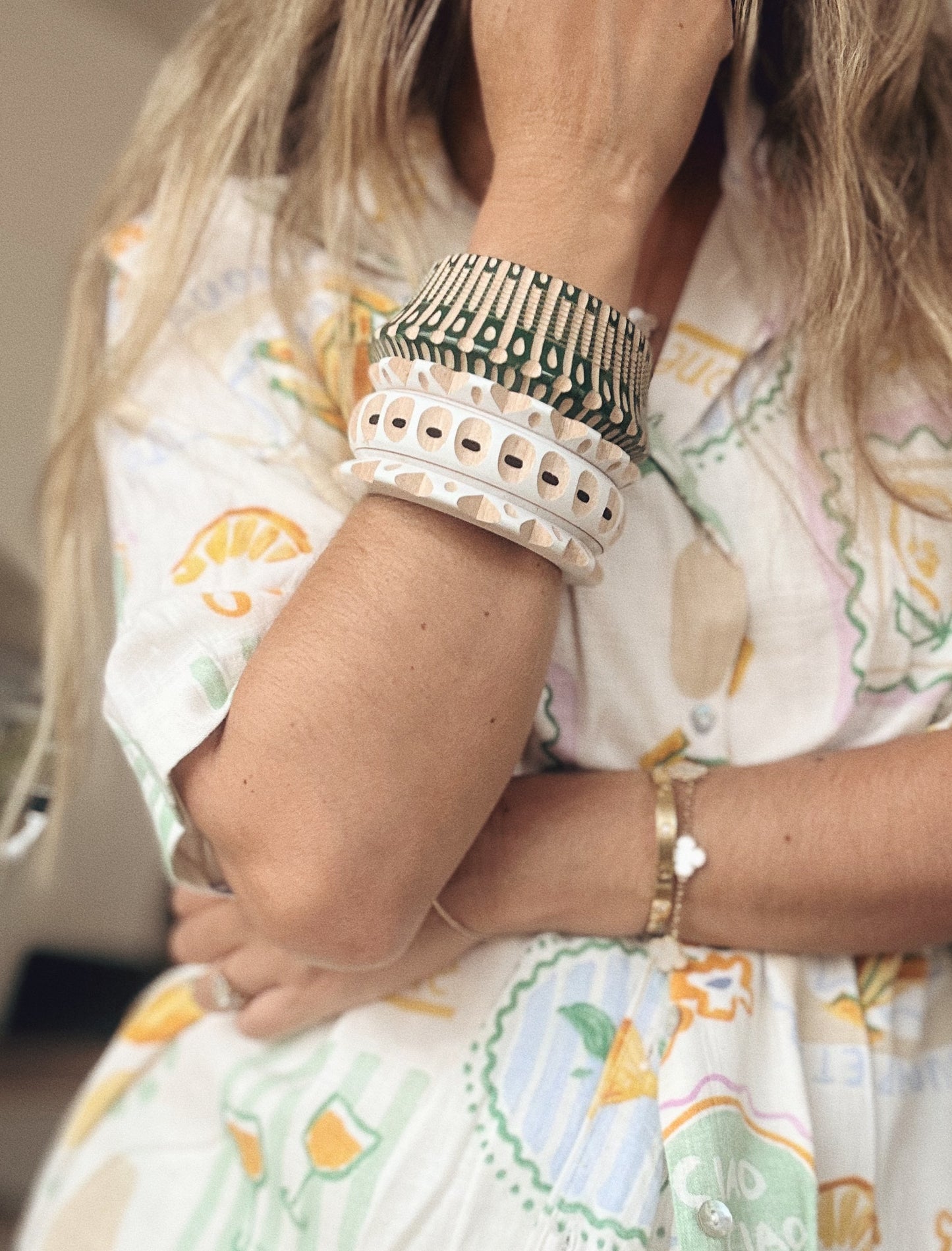 Hand-carved wooden bangles by Carla Fernandez