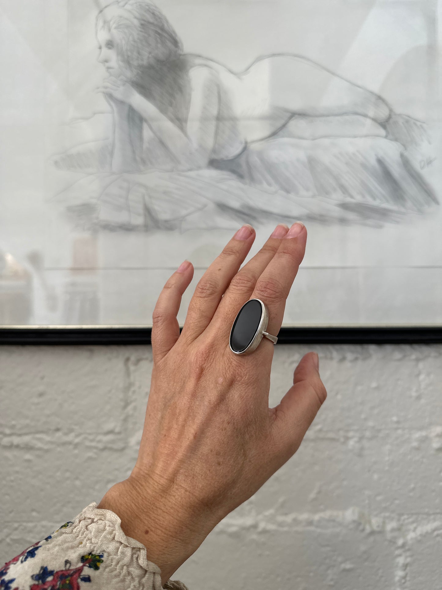 Vintage Spanish mid-century sterling & black onyx oval ring