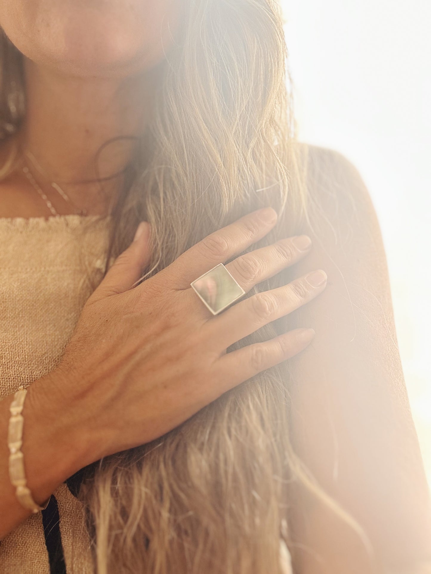 Vintage shell + sterling silver Spanish rectangle ring