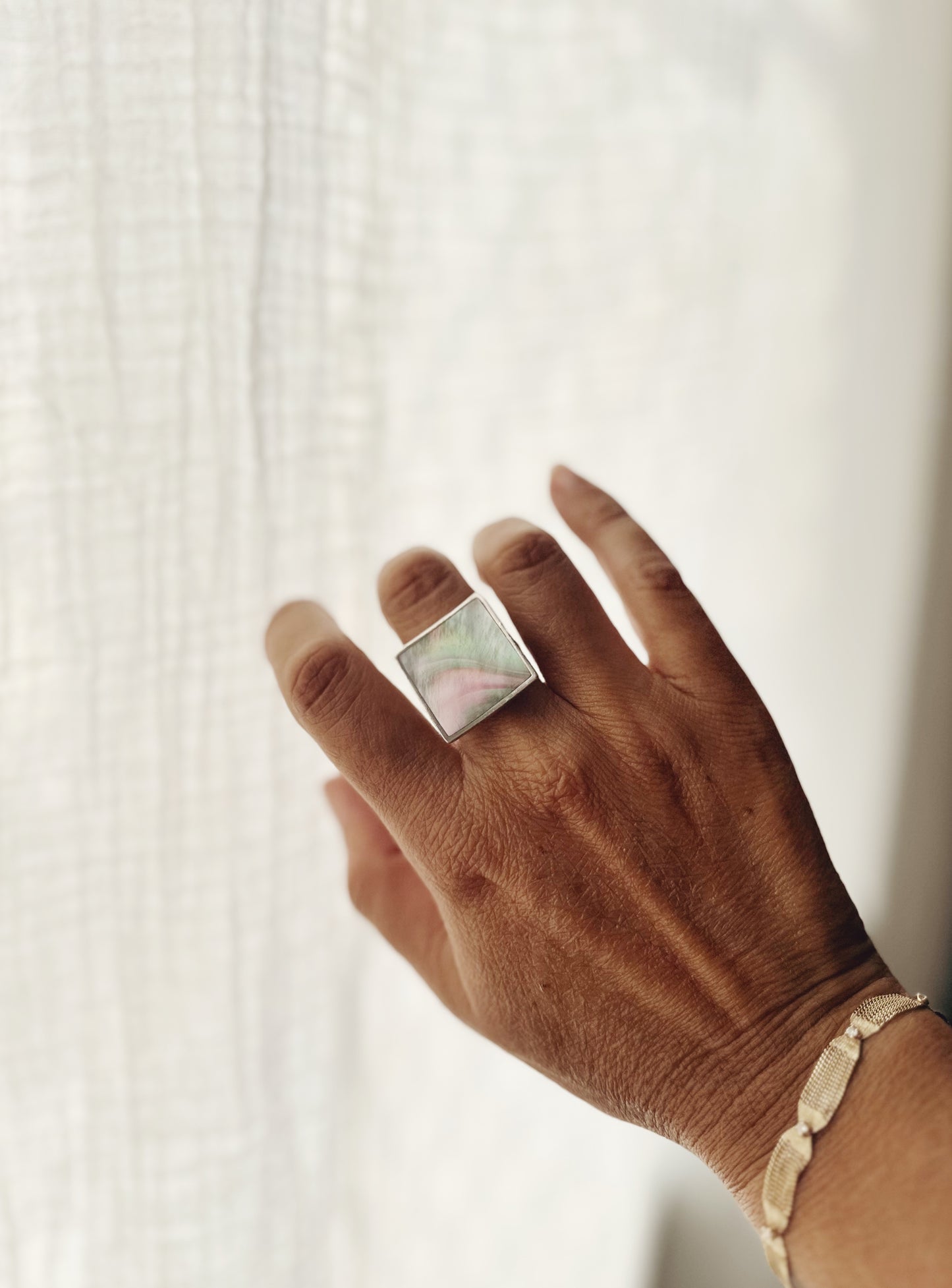 Vintage shell + sterling silver Spanish rectangle ring