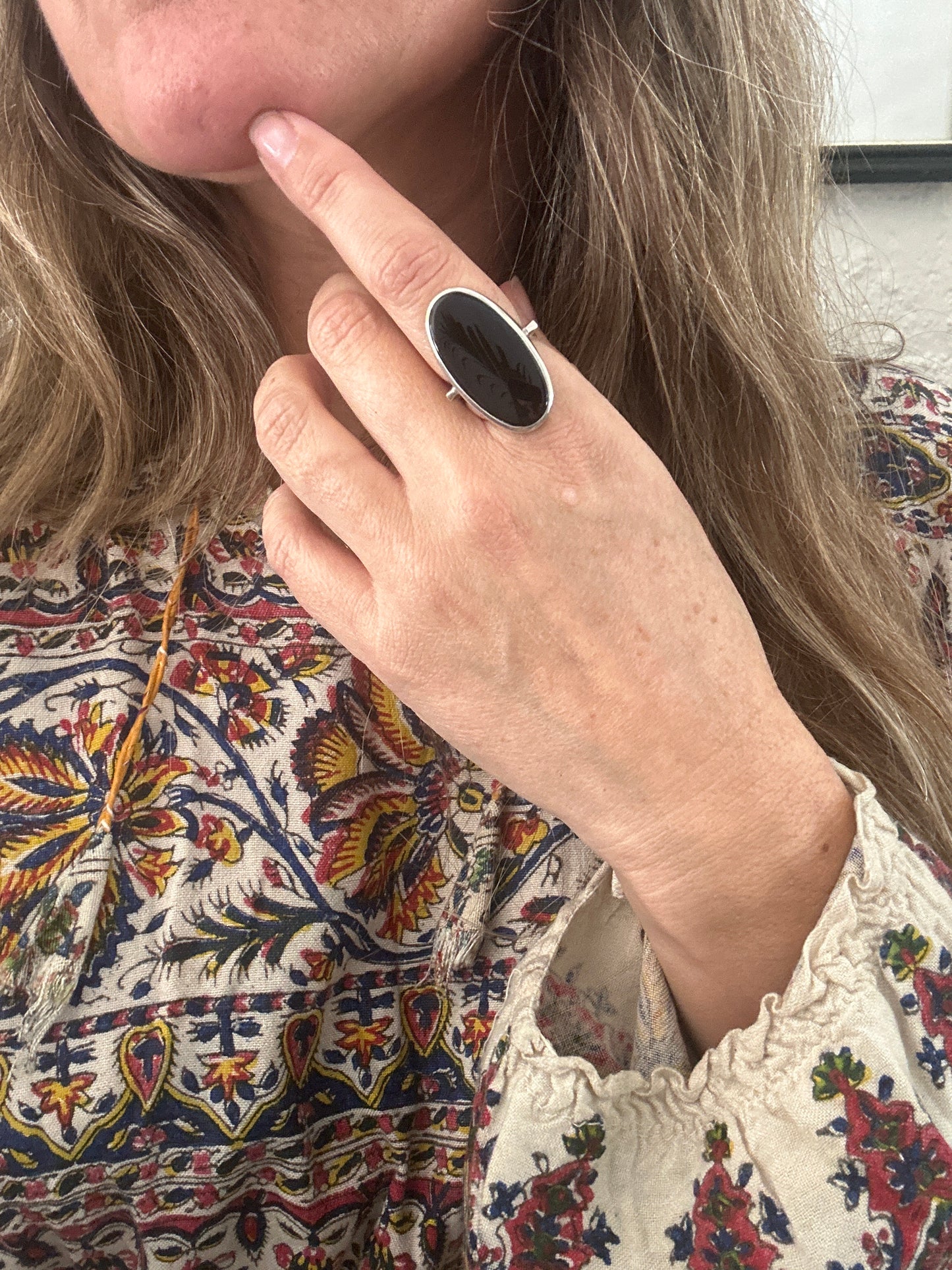 Vintage Spanish mid-century sterling & black onyx oval ring
