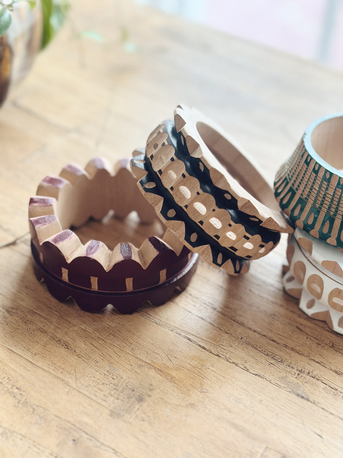 Hand-carved wooden bangles by Carla Fernandez