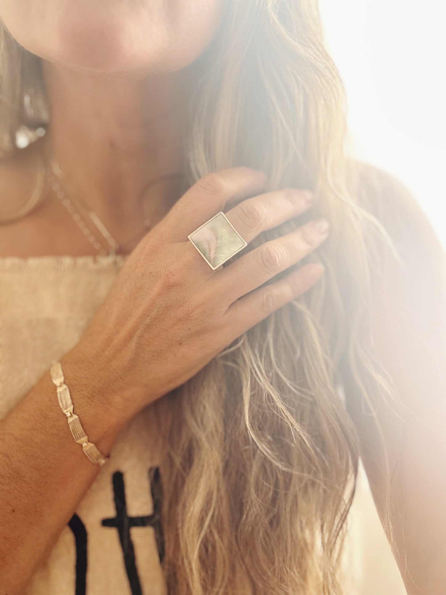 Vintage shell + sterling silver Spanish rectangle ring