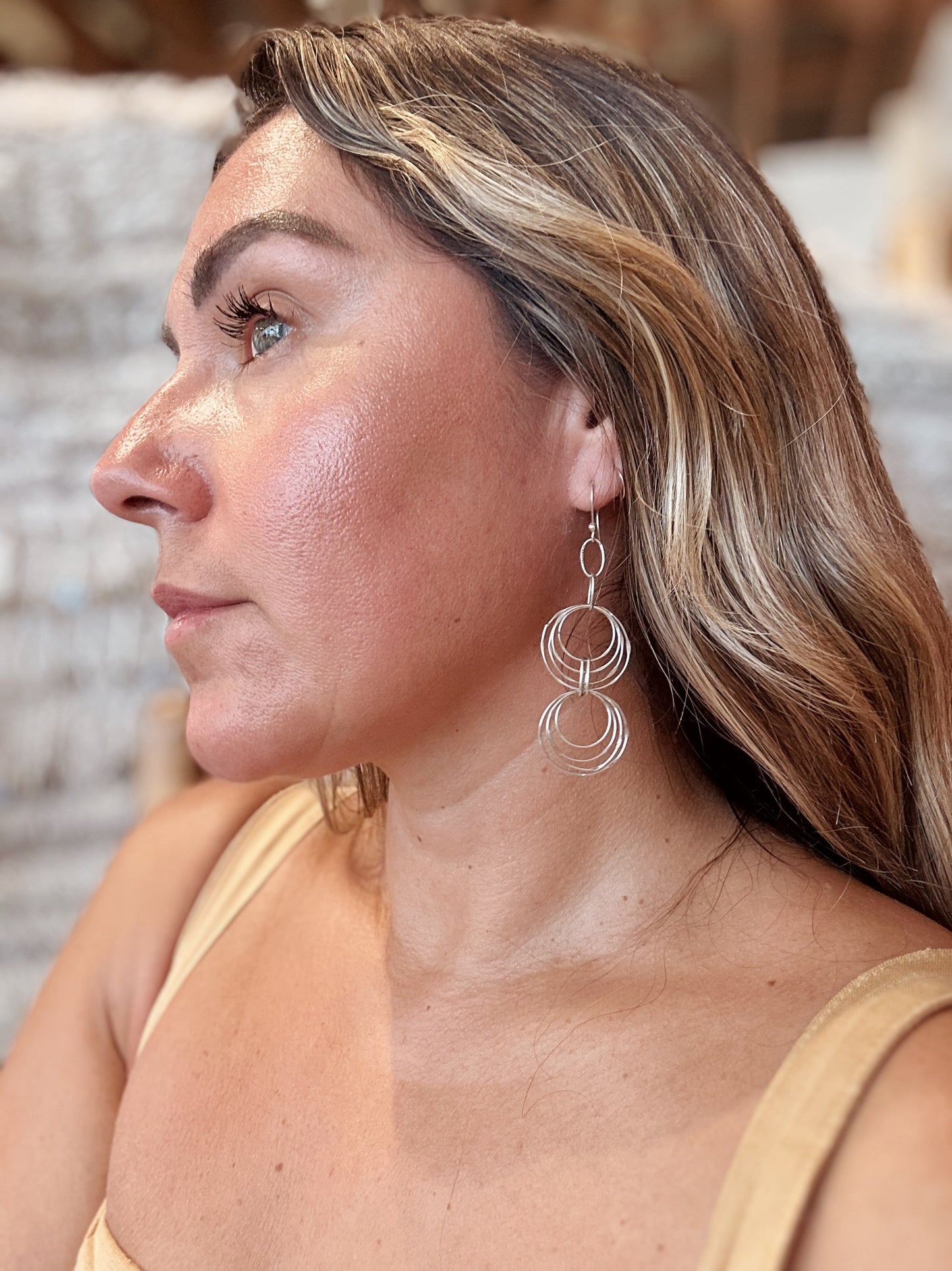 Vintage Sterling Artist made circle wire drop earrings
