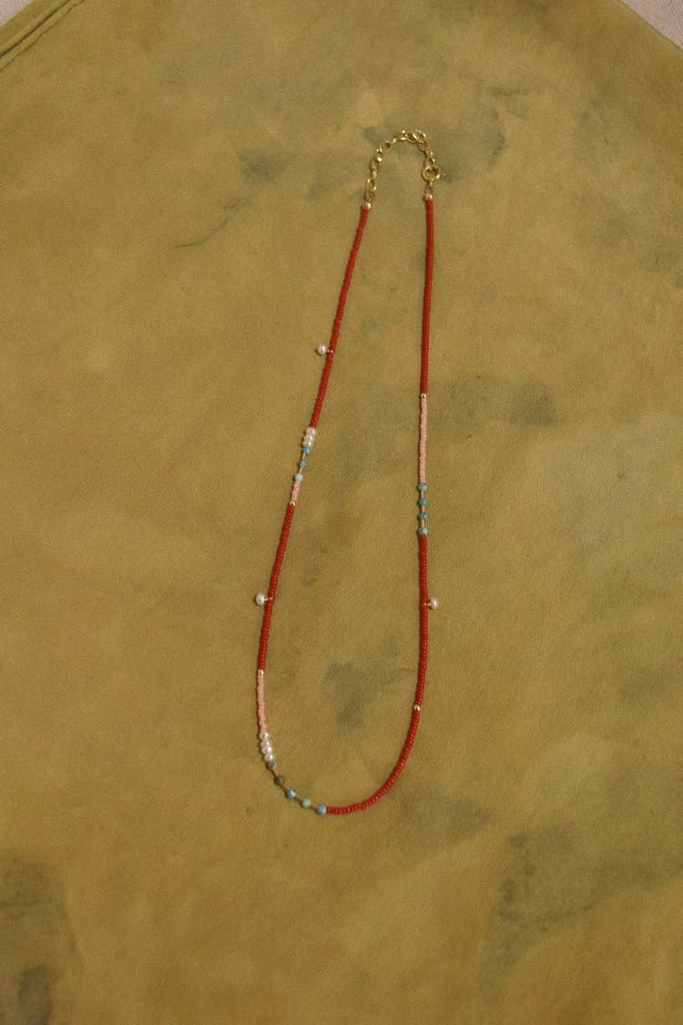 Freestone - Dainty beaded necklace- in Cherry with turquoise and pearls: 18-20 inches