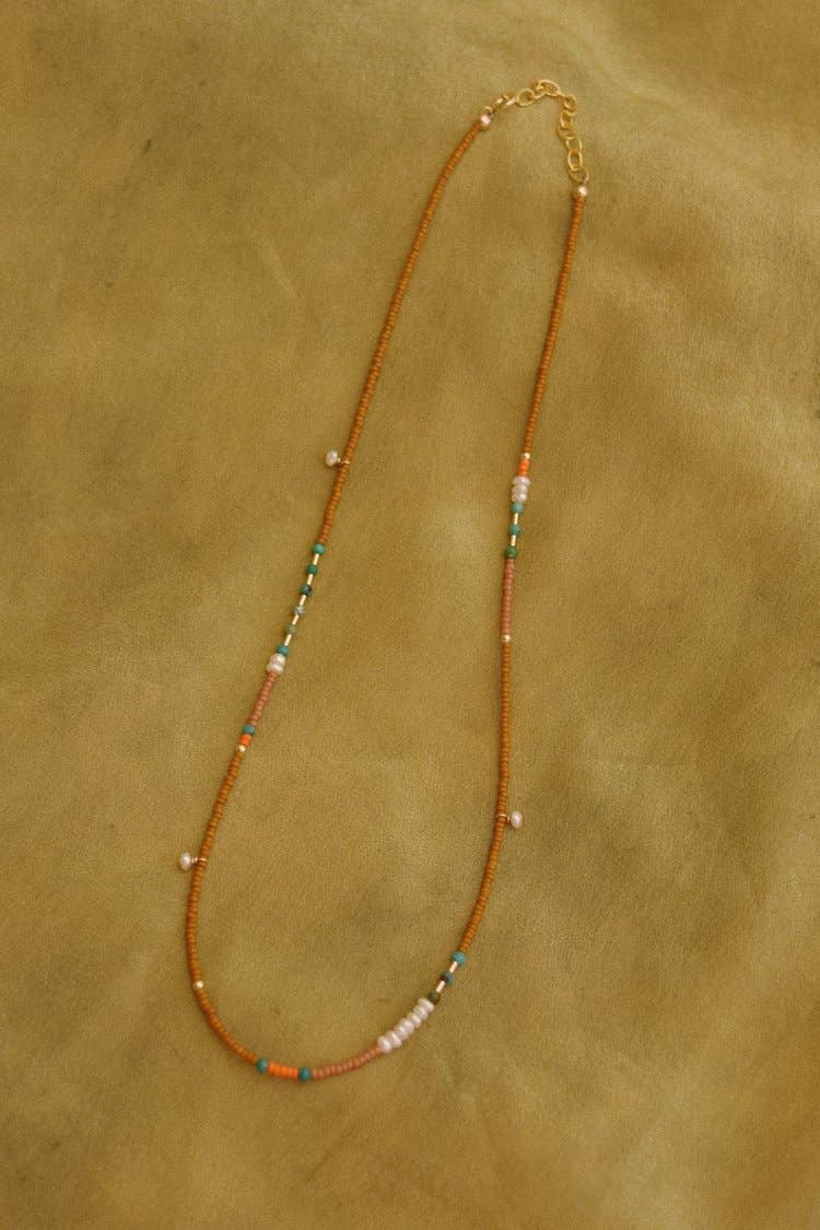 Freestone - Dainty beaded necklace- in earth with turquoise and pearls: 16-18 inches
