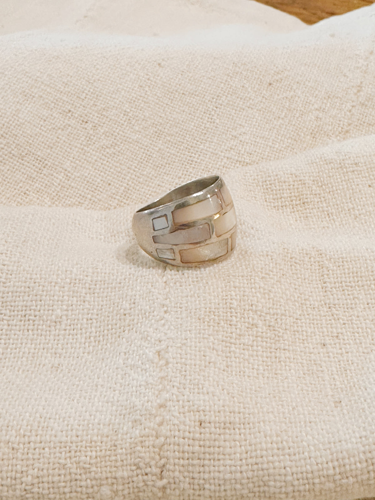 Vintage, Spanish sterling + mother of pearl inlay band ring