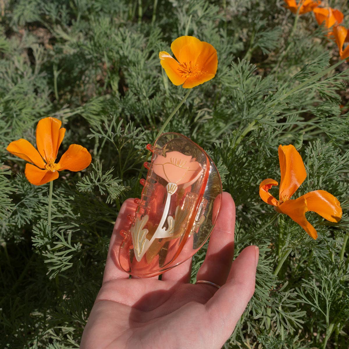 WINONA IRENE - California Poppy Wildflower Hair Claw in Clear Acetate