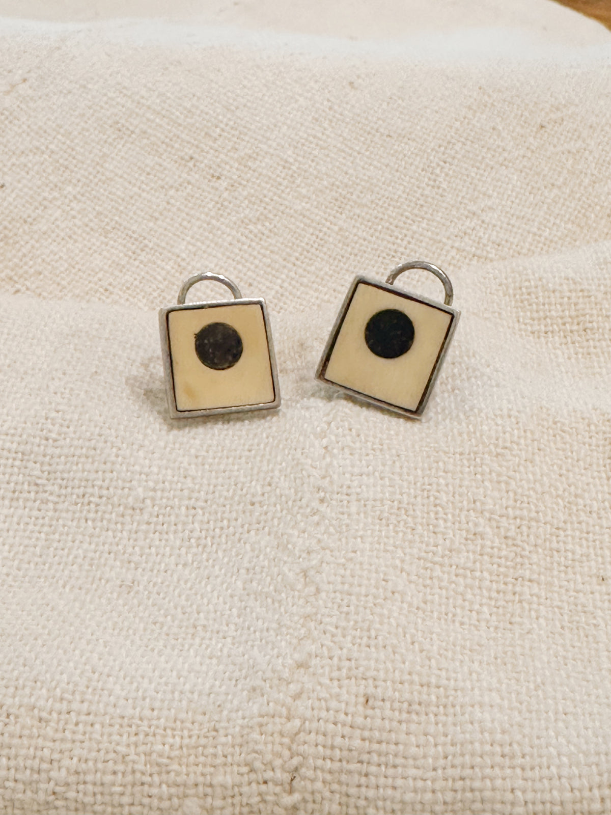 Vintage 1960s Spanish wood + bone geometric stud earrings