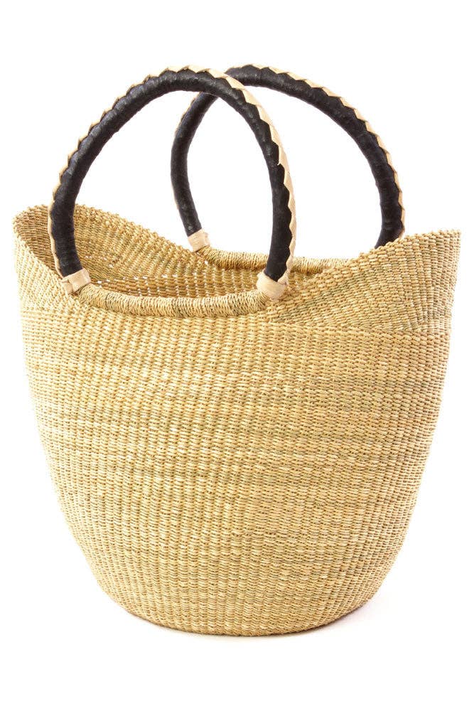Swahili | AFRICAN MODERN - Natural Ghanaian Wing Shopper with Black and Cream Leather Handles: Black Handles with Black Braid