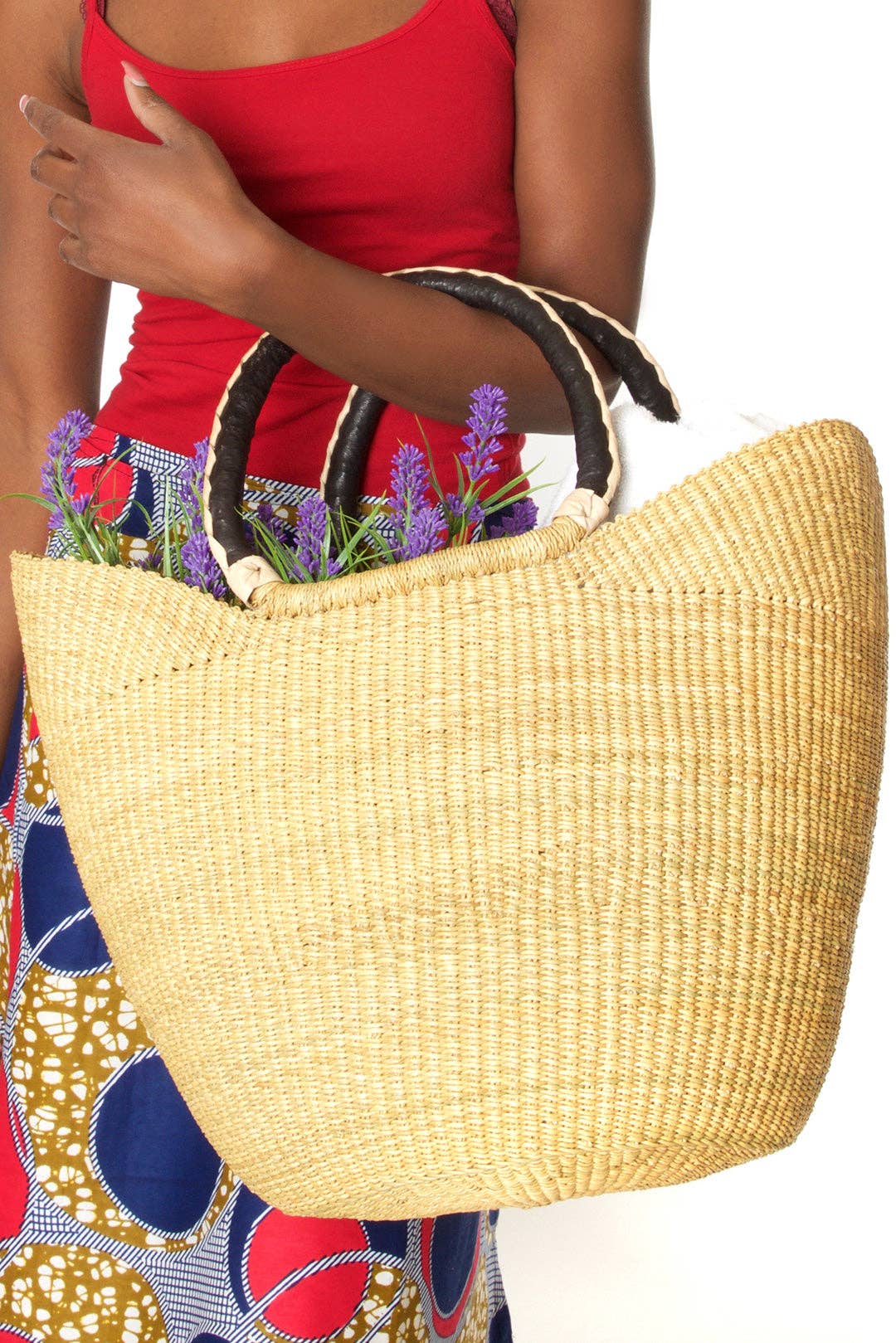 Swahili | AFRICAN MODERN - Natural Ghanaian Wing Shopper with Black and Cream Leather Handles: Black Handles with Black Braid