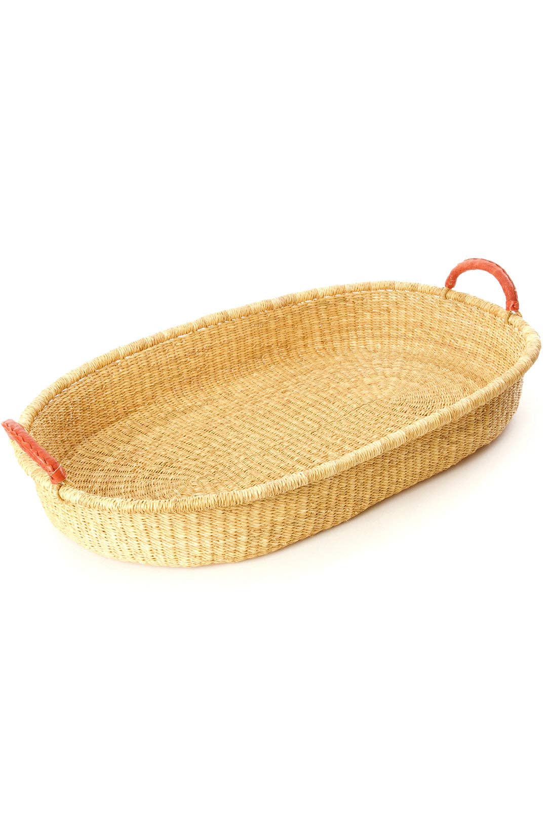 Swahili | AFRICAN MODERN - Large Natural Oval Basket Tray for Tabletop with Leather Handles