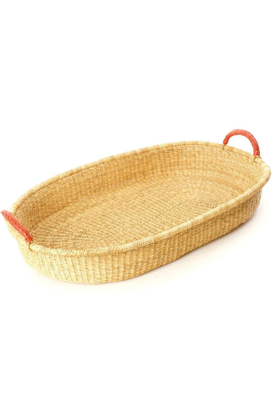Swahili | AFRICAN MODERN - Large Natural Oval Basket Tray for Tabletop with Leather Handles