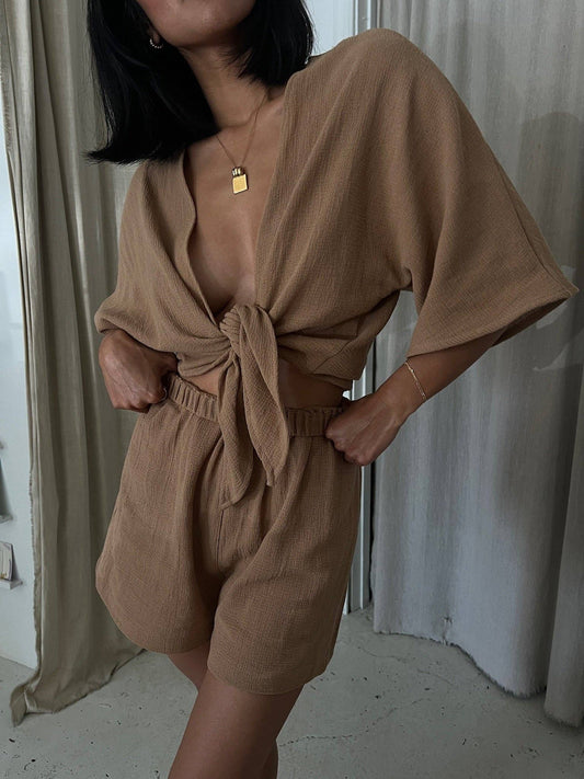 Na Nin - Bobbie Waffled Cotton Tie Top in Toffee