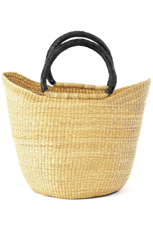 Swahili | AFRICAN MODERN - Natural Ghanaian Wing Shopper with Black and Cream Leather Handles: Black Handles with Black Braid