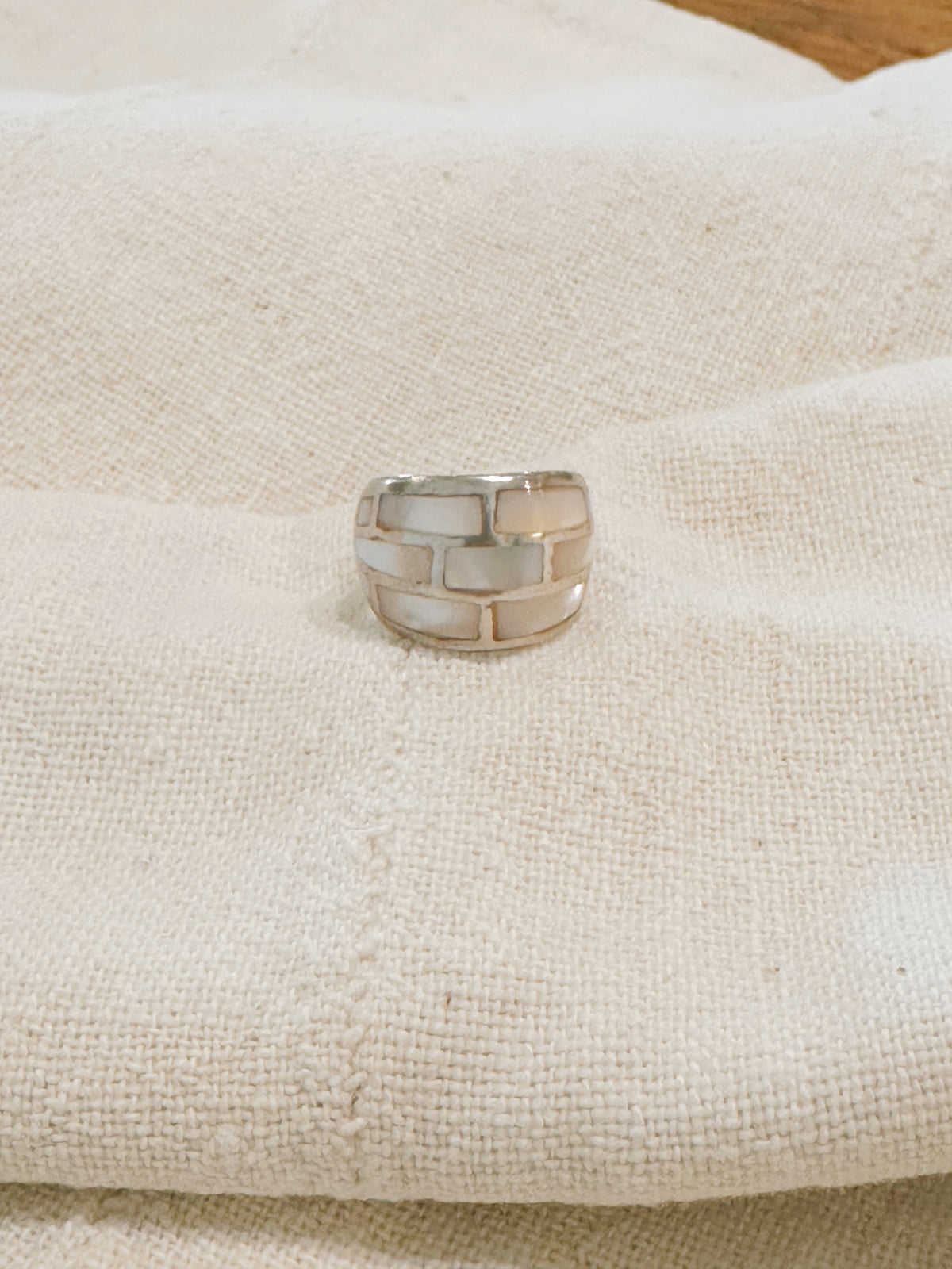 Vintage, Spanish sterling + mother of pearl inlay band ring