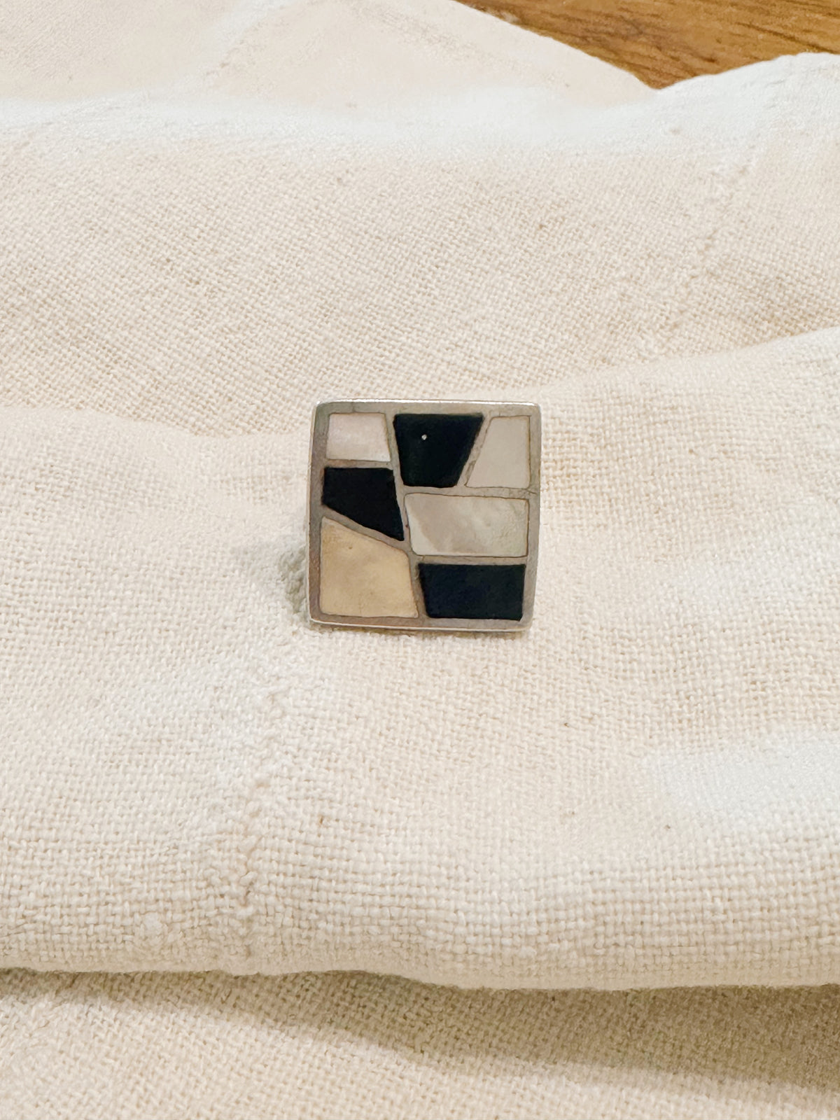 Vintage Onyx + mother of pearl Spanish sterling statement ring