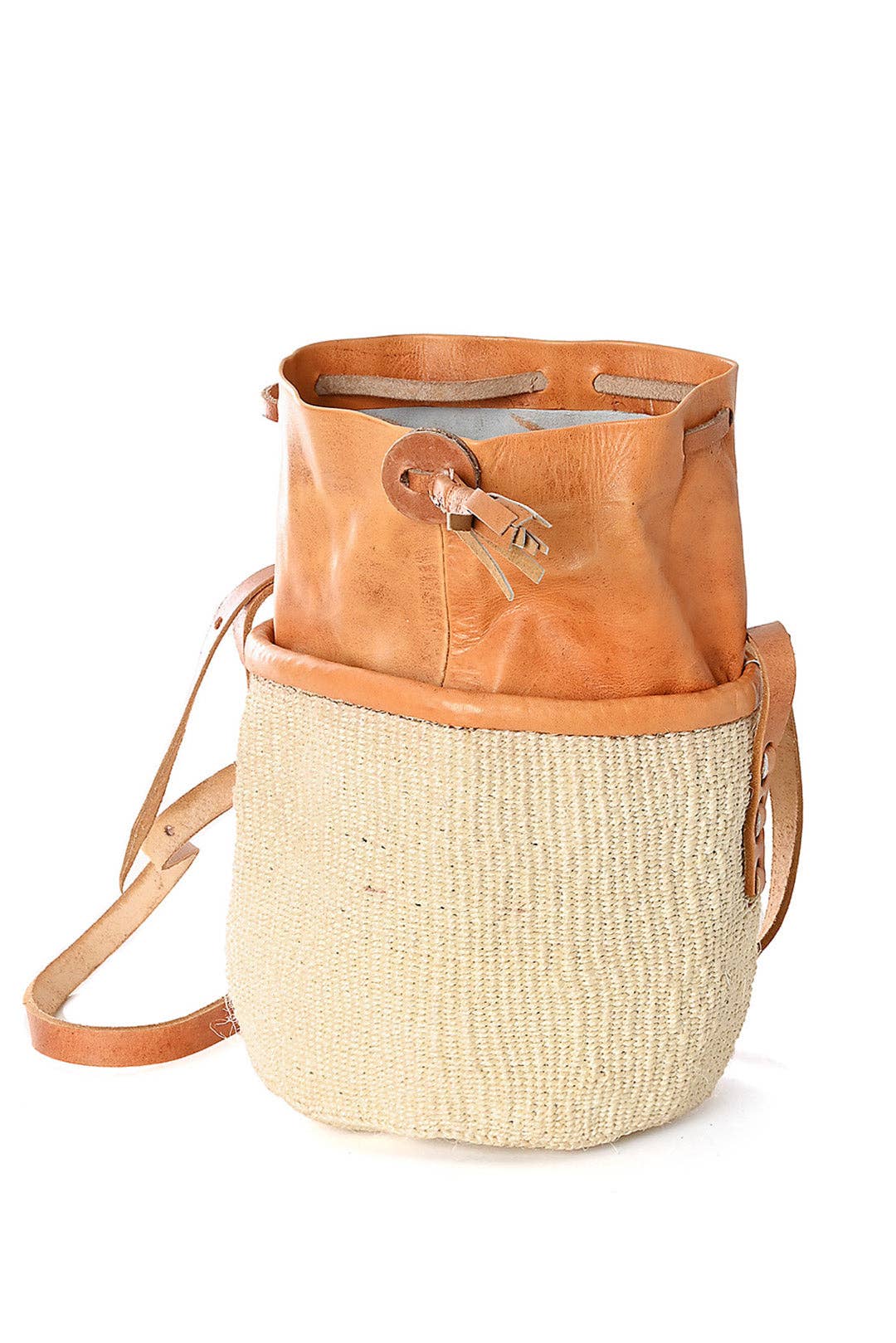 African Modern - Small White Sisal Purse With Leather Cinch Top