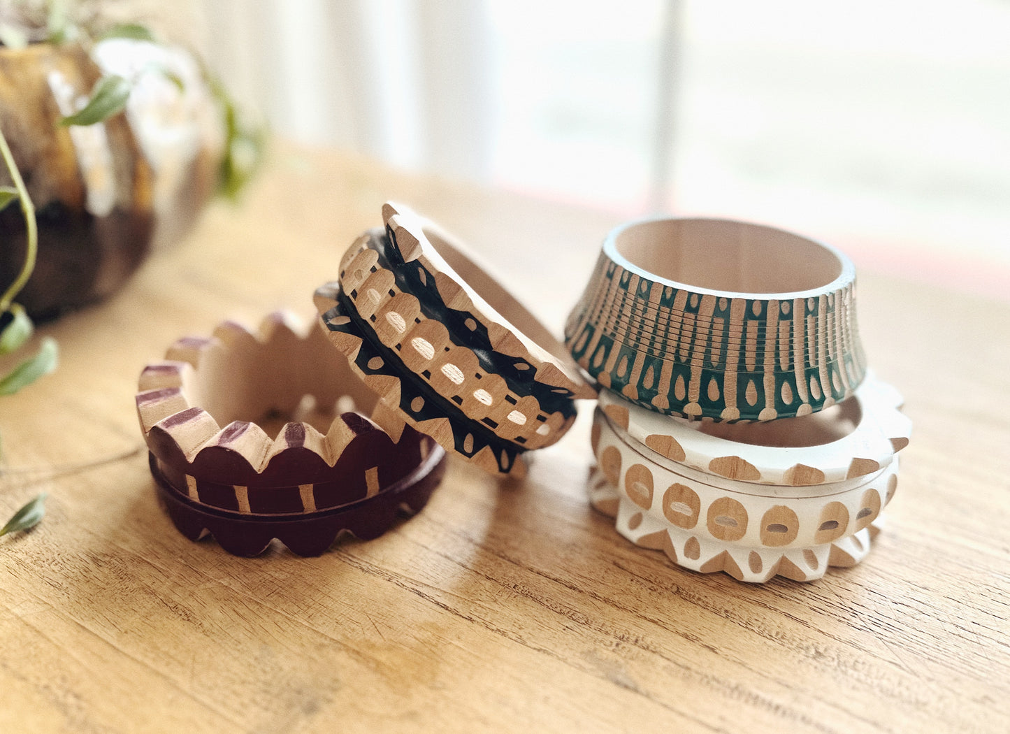 Hand-carved wooden bangles by Carla Fernandez