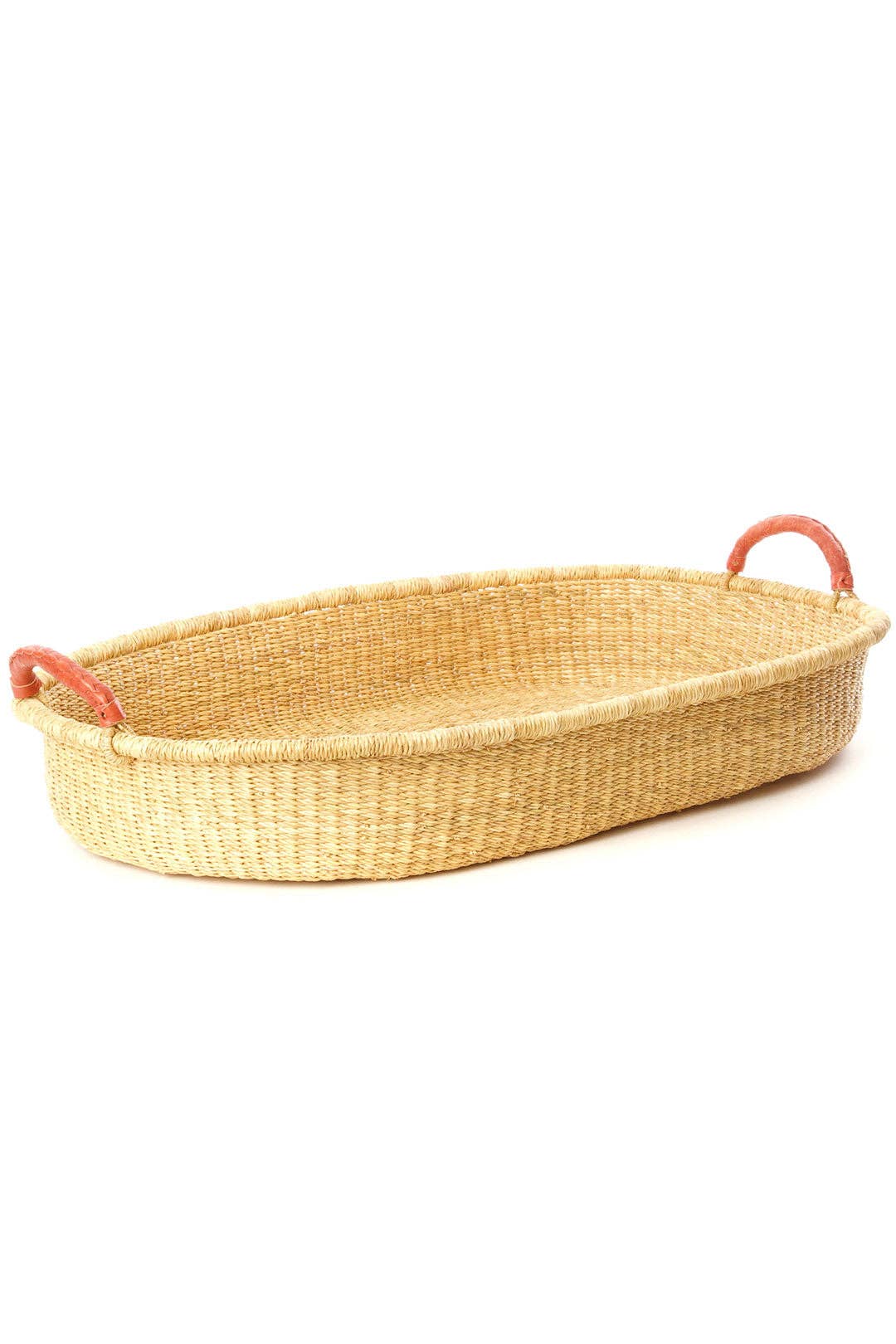 Swahili | AFRICAN MODERN - Large Natural Oval Basket Tray for Tabletop with Leather Handles