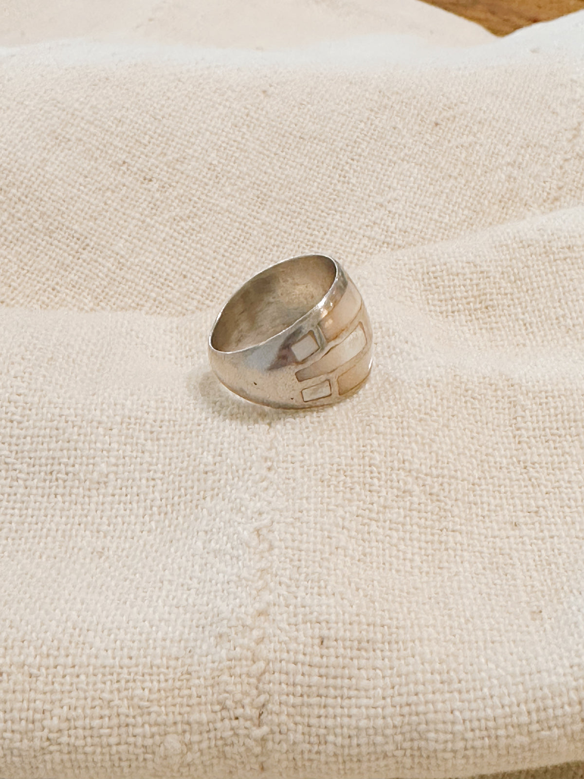 Vintage, Spanish sterling + mother of pearl inlay band ring