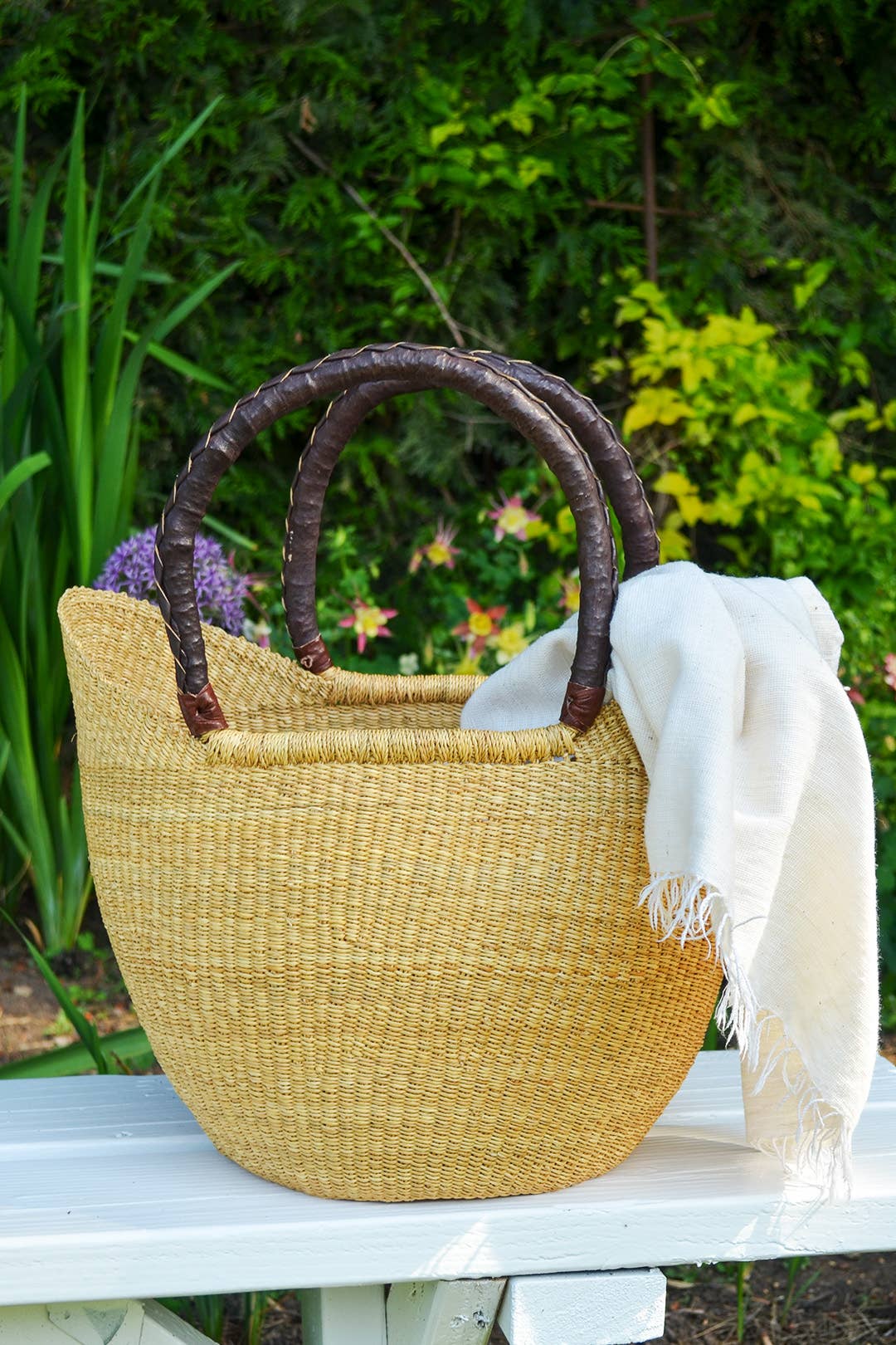 Swahili | AFRICAN MODERN - Natural Ghanaian Wing Shopper with Brown Leather Handles