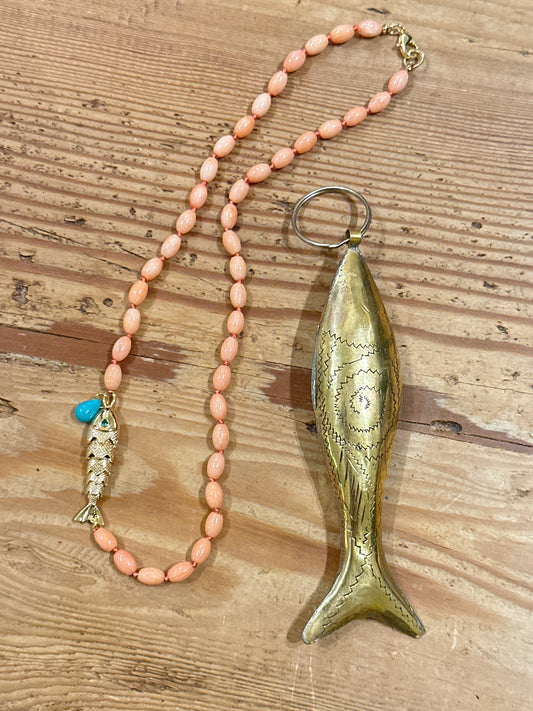 Coral fish necklace + Moroccan Brass fish keychain — for Hillary
