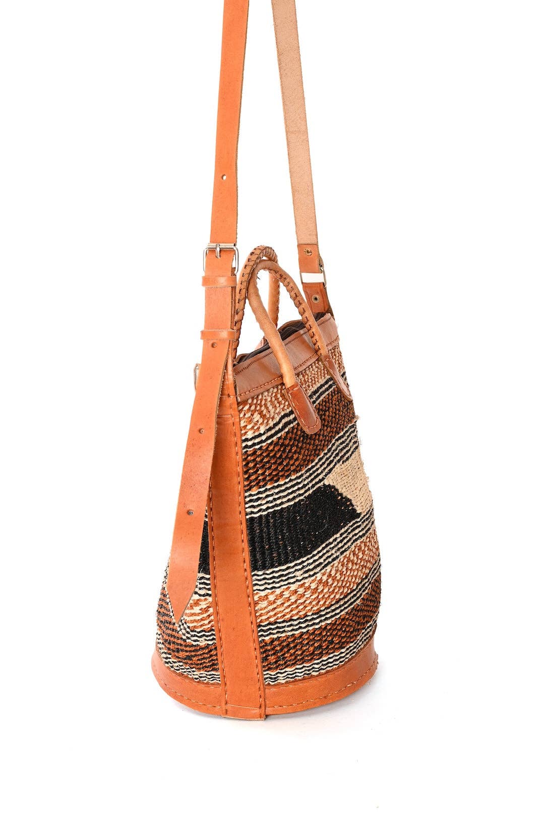 Swahili | AFRICAN MODERN - Assorted Earthtone Sisal Handbag with Leather Straps and Round Leather Base