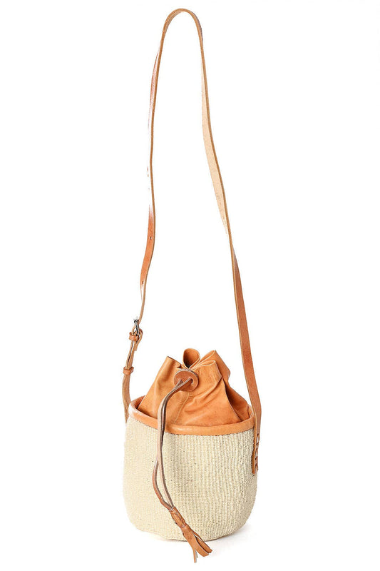 African Modern - Small White Sisal Purse With Leather Cinch Top