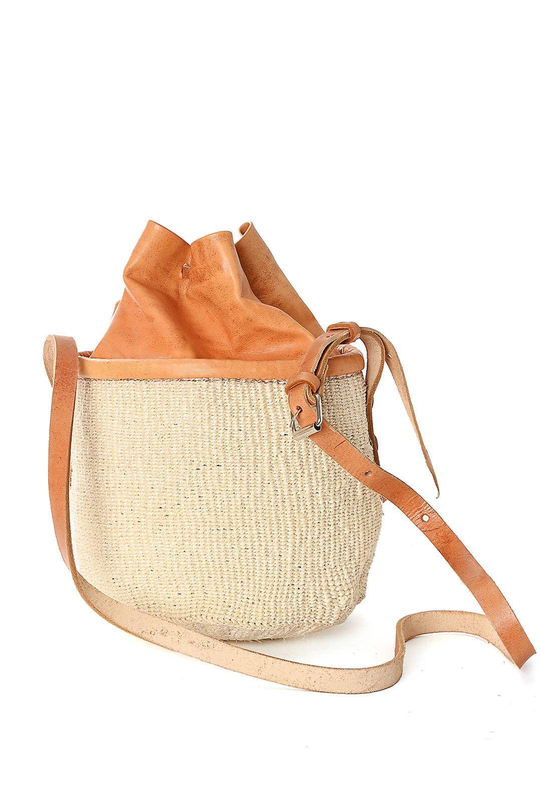 African Modern - Small White Sisal Purse With Leather Cinch Top