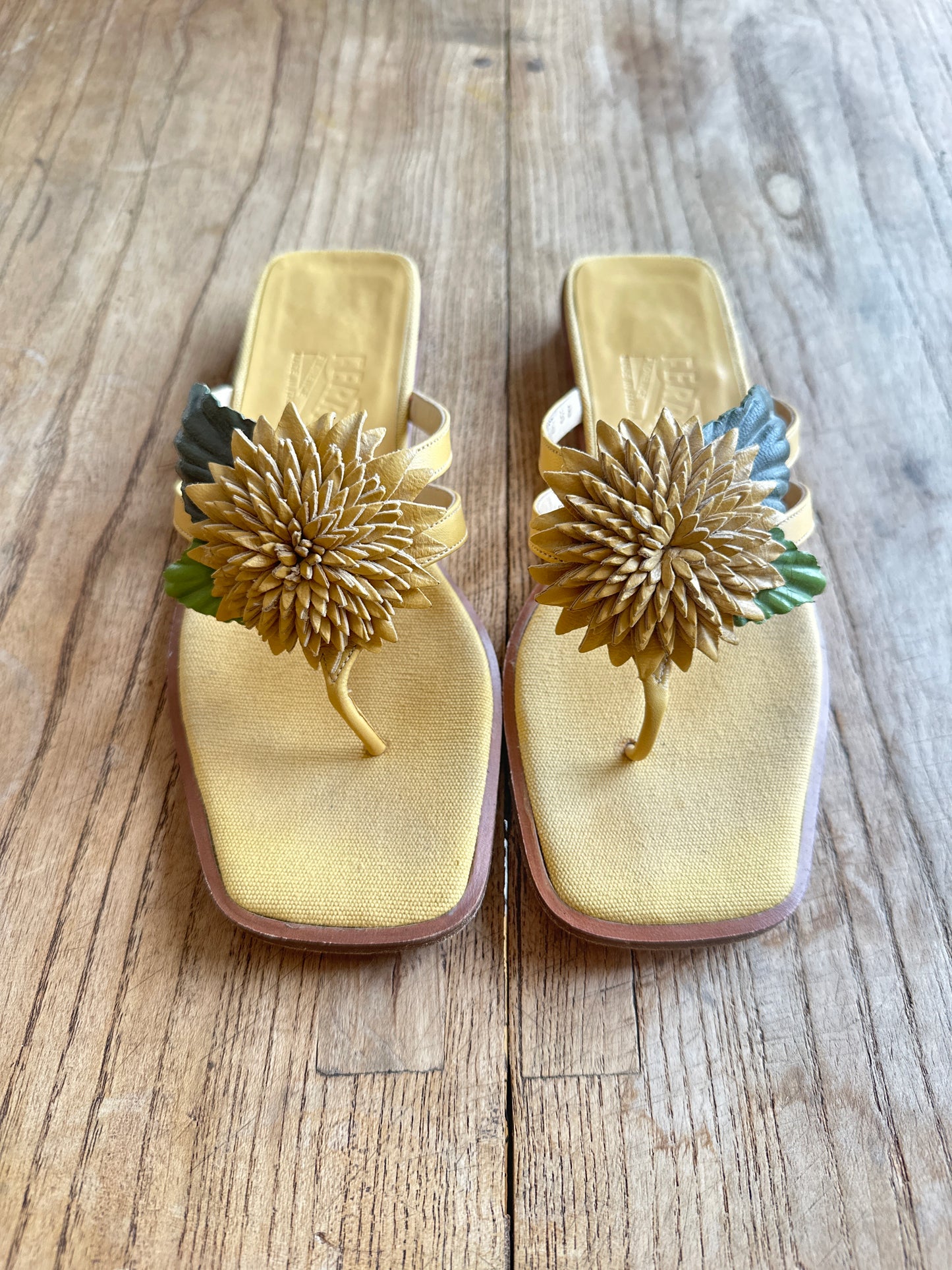 Vintage handmade Italian Ferragamo sunflower sandals