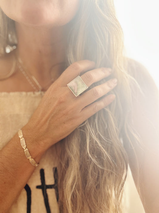 Vintage shell + sterling silver Spanish rectangle ring