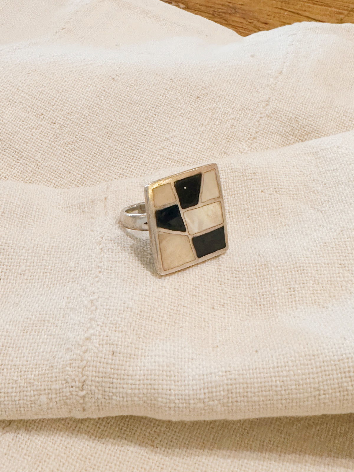 Vintage Onyx + mother of pearl Spanish sterling statement ring
