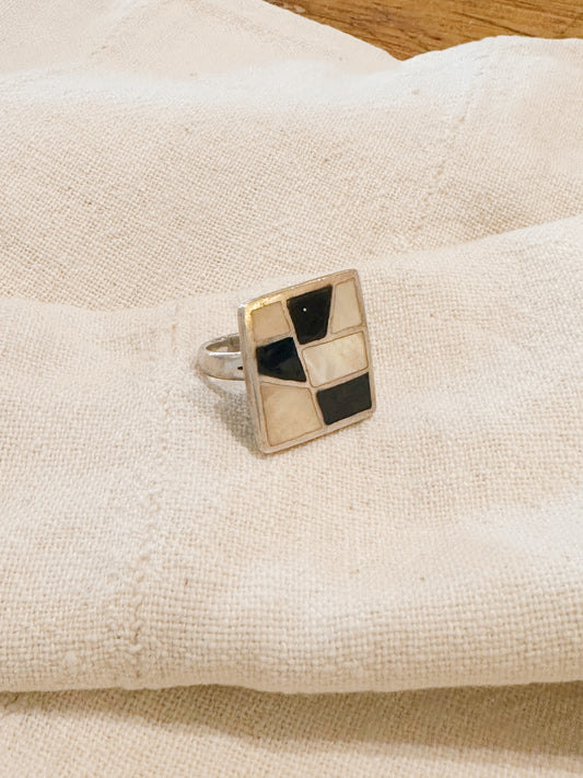 Vintage Onyx + mother of pearl Spanish sterling statement ring