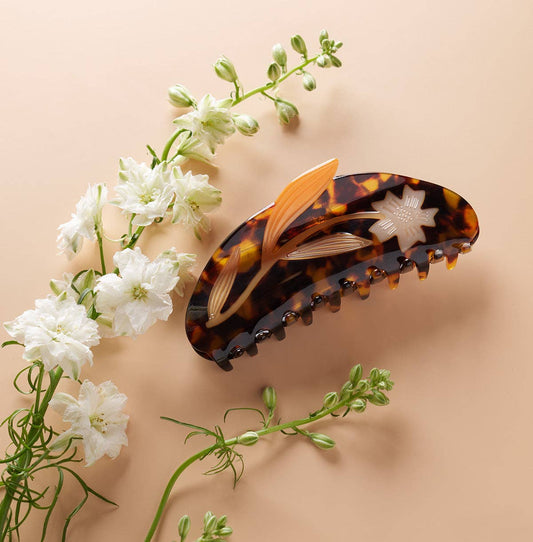 WINONA IRENE - White Flax Flower Long Hair Claw with Tortoise Acetate