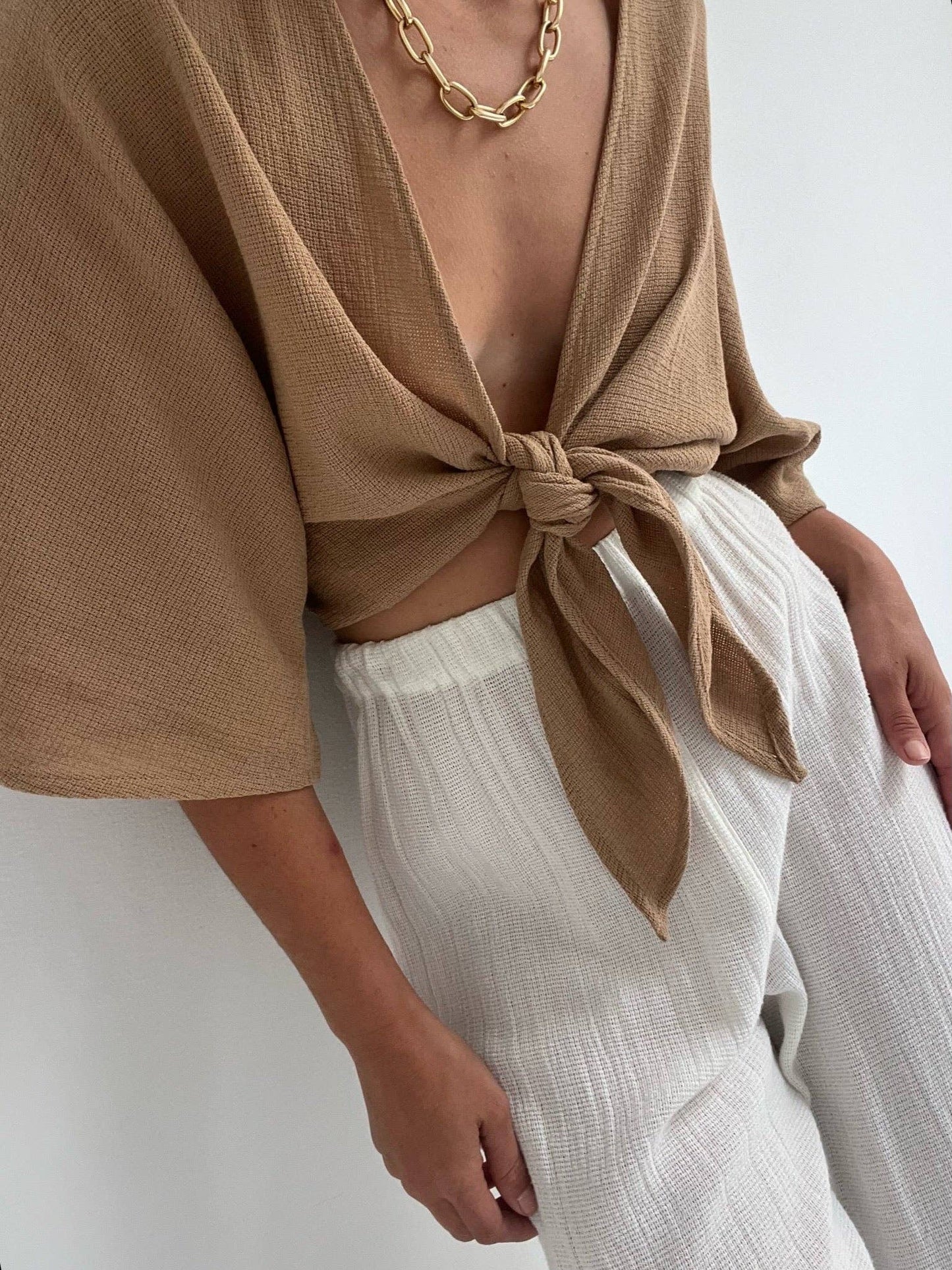 Na Nin - Bobbie Waffled Cotton Tie Top in Toffee