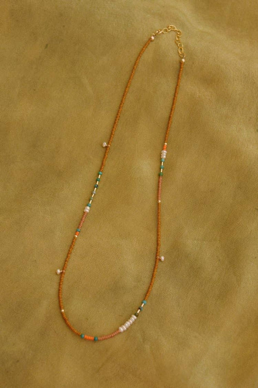 Freestone - Dainty beaded necklace- in earth with turquoise and pearls: 18-20 inches